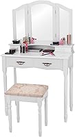 Vista 6 de Giantex Juego de tocador de maquillaje con taburete, tocadores con 4 cajones, espejo de tres pliegues, escritorio grande con espejo para dormitorio