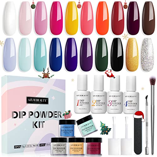 AZUREBEAUTY Dip Powder Nail Kit Starter, 20 Colors Glitter Red White Winter Christmas Gifts Acrylic Dipping Powder System Essential Liquid Set with Top Base Coat for French Nail Art Manicure DIY Salon