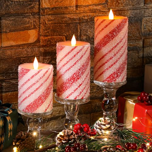 Baquler 3 Pcs Christmas Flameless Pillar Candles LED Candy Cane Peppermint Stripe Red and White Glitter Battery Operated Candles for Xmas Holiday Centerpiece Home Party Decor