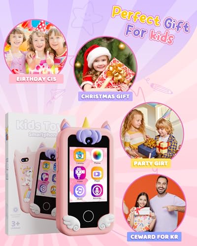 Image of KOKODI Kids Smart Phone Toys, Birthday Gifts Unicorn Toddler Play Phone for Girls 3-10, Touchscreen HD Dual Camera Cell Phones for Kids, Travel Toys Preschool Learning Toy for Kid with 8GB SD Card