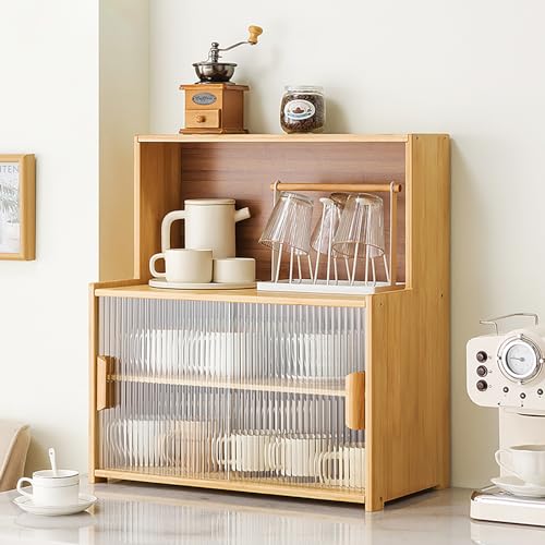 Pequeña credenza de bambú para encimera, aparador, armario de cocina con puertas correderas, estantes ajustables para frascos de especias, utensilios de cocina, tazas, objetos decorativos (color