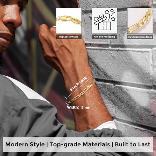 14K Gold Bracelet for Men, 8 inch Non Tarnish Golden Figaro Chain with 5mm Width & Lobster Claw Clasps for Him, Jewelry Gifts with Box for Valentine's Day/Father's Day/Anniversary4