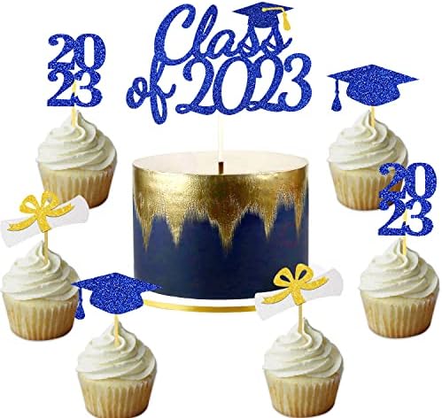 Blue Graduation Cake Cupcake Toppers Class of Gold Navy Blue White Glitter Grad Party Decoration Picks Congrats Cake Sign Supplies