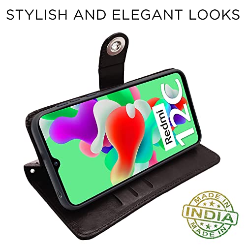 Image of Pikkme Redmi 12C / Poco C55 Flip Cover Leather Finish | Inside TPU with Card Pockets | Wallet Stand and Shock Proof | Complete Protection Button Flip Case (Coffee)