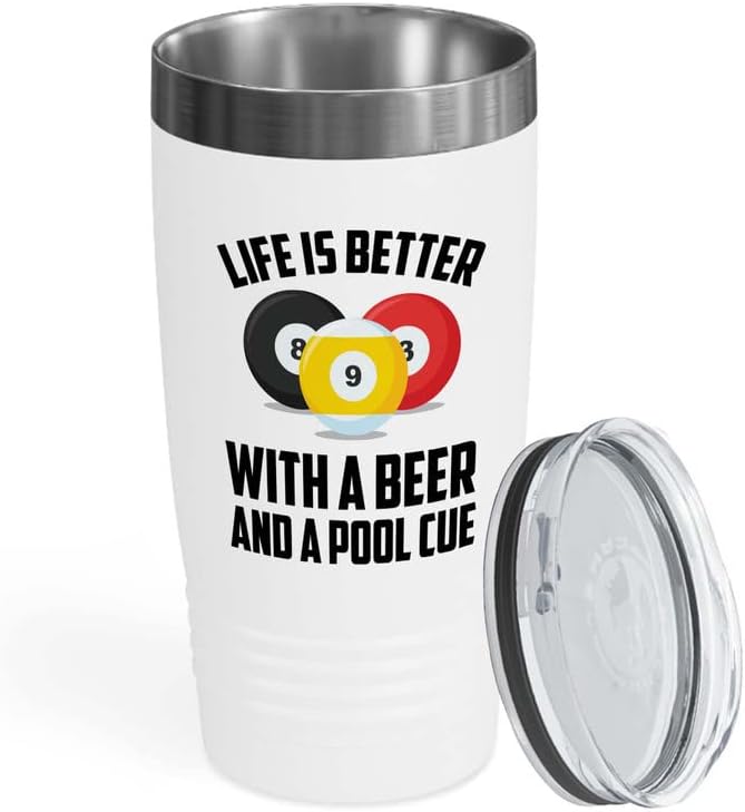 Billiards White Tumbler 20oz - beer and a pool cue - Pool Player Gifts Table Rail Balls Chalk Cue Sticks