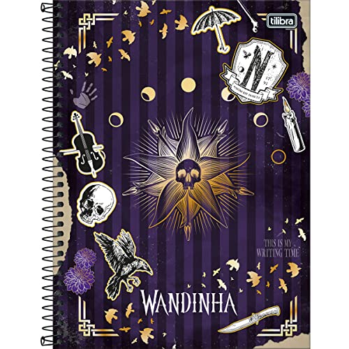 Caderno Espiral Capa Dura Universit&aacute;rio 1 Mat&eacute;ria Wandinha 80 Folhas - Estampa Capa Roxa Listrada...