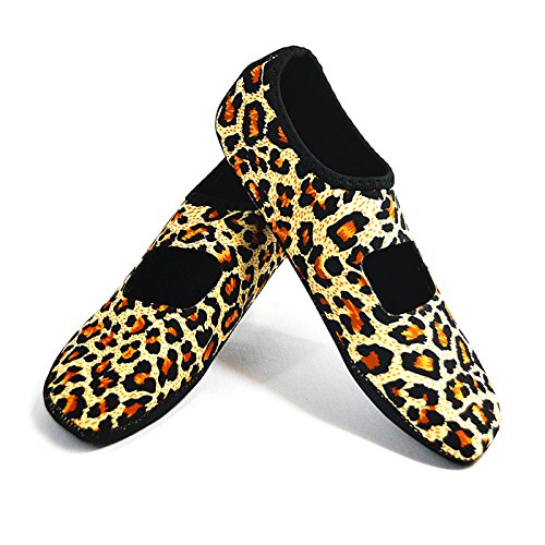 NuFoot Mary Janes Women's Shoes, Foldable & Flexible Flats, Slipper Socks, Travel Slippers & Exercise Shoes, Dance Shoes, Yoga Socks, House Shoes, Indoor Slippers, Leopard Print, Large