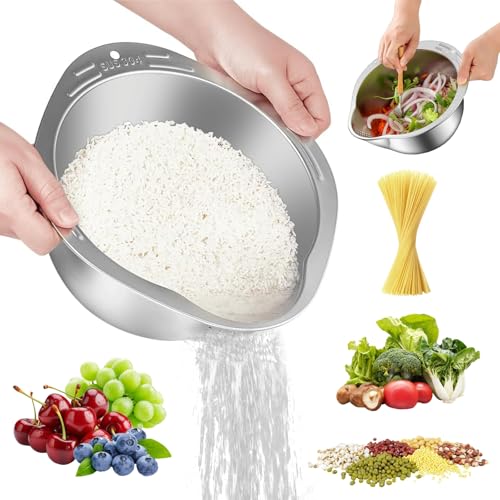 FuPatio Cuenco, colador 4 en 1 para lavadora de arroz, colador de acero inoxidable con escurridores laterales, colador de cocina para limpiar quinua, frutas, verduras, frijoles, pasta