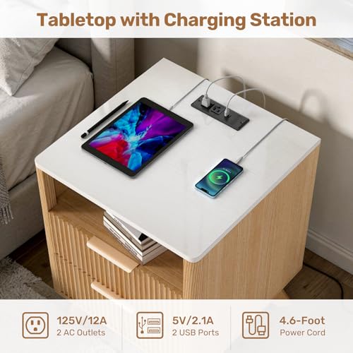 Image of Nebuaegis Nightstand,Side Table with Charging Station,Bedside Tables with Drawer,Mid-Century End Tables Set (1-Piece),Natural Oak