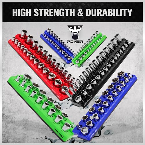 Image of SWANLAKE Magnetic Socket Organizer Set, 1 /4 inch, 3 /8 inch, 1 /2 inch Sockets Holds 286 Pieces Magnetic Socket Trays (Blue&red&black&green, 12 Pcs)