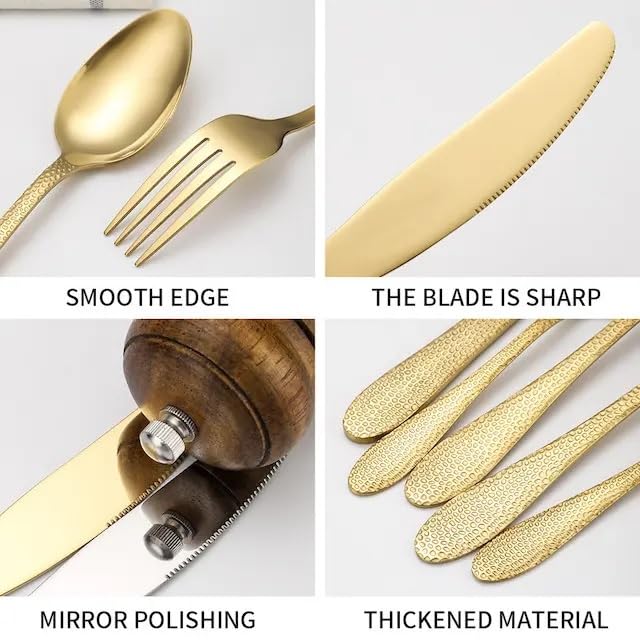 Image of Hammered Aurum Gold Silverware Set | 20-Piece Premium Stainless Steel Flatware Set | Dishwasher Safe Cutlery Set for Home, Restaurant & Gifting