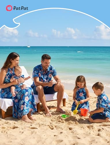 Image of PATPAT Family Hawaiian Matching Outfits - Mommy and Me Vacation Outfits | Halter Sundresses and Button Down Shirts,Caribbean Vacation Summer Tropical Outfits,Hawaiian Boho Tropical Floral Printed