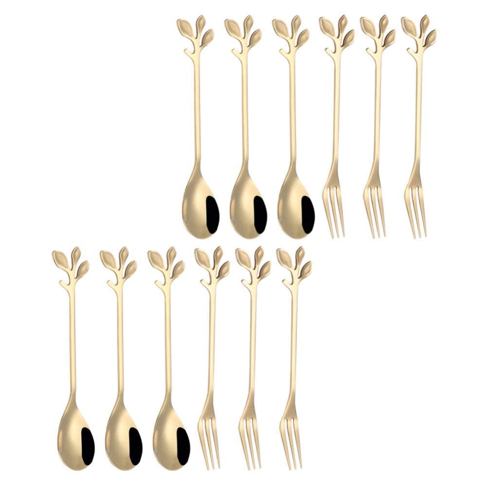 Litvibes Set of 12 stainless steel creative royal tableware Dessert spoon & fork for Coffee,Sugar,Mixing,Tea,Stirring,Cake & Ice cream,Stir bar Gold set - Set of 6 leaf spoons & 6 leaf forks
