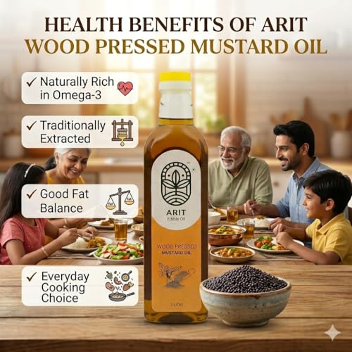 Image of ARIT Wood Pressed Black Mustard Cooking Extract 1L | Naturally Cholesterol Free | Cold Pressed Kacchi Ghani Kolhu Chekku Process | Rich Flavor for Indian Cooking
