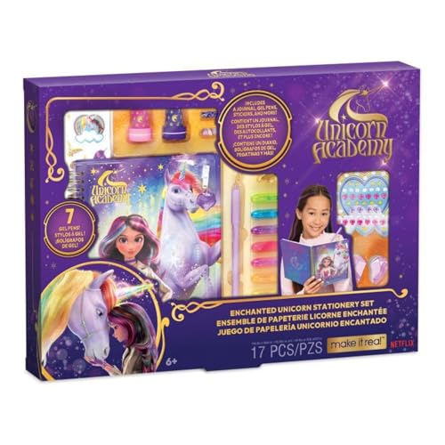 Make It Real: Unicorn Academy: Enchanted Unicorn Stationery Set - 17pc Journal Kit, Gel Pens-Stickers-Erasers-Gems, Diary, Netflix Series, Kids 6+