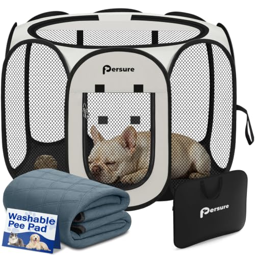 Image of Dog Cat Playpen Indoor Outdoor for Puppy Pet Dog Cat Recovery After Surgery | Dog Tent Crates Cage Indoor /Outdoor, Portable Pop Up Kennel with Carrying Case for Travel (White with Pad, Medium)