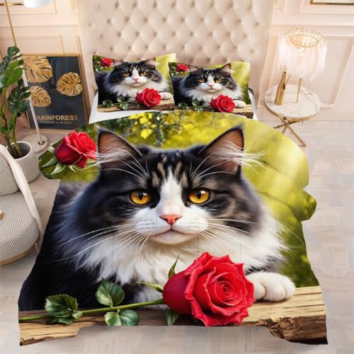 ZZXHG Edredón Matrimonio Estampado 3D | Gato Gris, Nórdico Reversible de 4 Estaciones, Lavable, Incluye 2 Fundas de Almohada 50x75 cm, para Cama de 105 cm