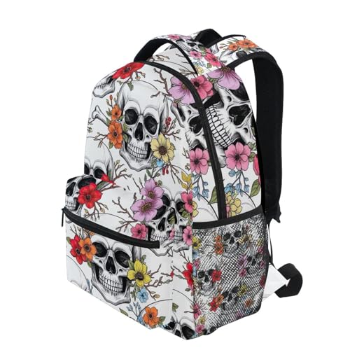 School Backpack for Girls, Kids Travel Backpack, Kids Back to School Supplies, Ideal for Ages 6–14, White Skull Colorful Flower3
