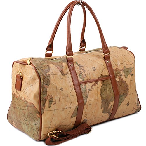 Copi World Map Large Duffle Bag Travel Tote Luggage Boston Style Khaki
