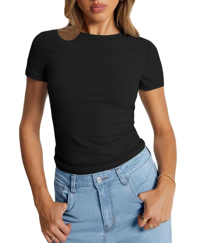 Womens Short Sleeve Scoop Neck Basic Crop Top Summer Fitted Teen Tee Shirt Blouses for Girls VG23-picture-28