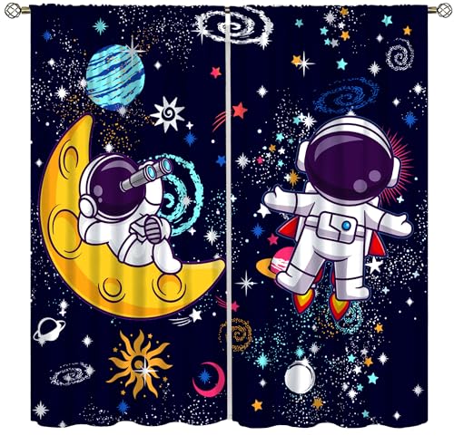AAVEUP Kids Astronaut Curtains, Cartoon Cute Funny Universe Galaxy Moon Rocket Alien Spaceman Window Treatments Drapes for Boys Nursery Childcare Bedroom Living Room 42x45in?No Blackout?