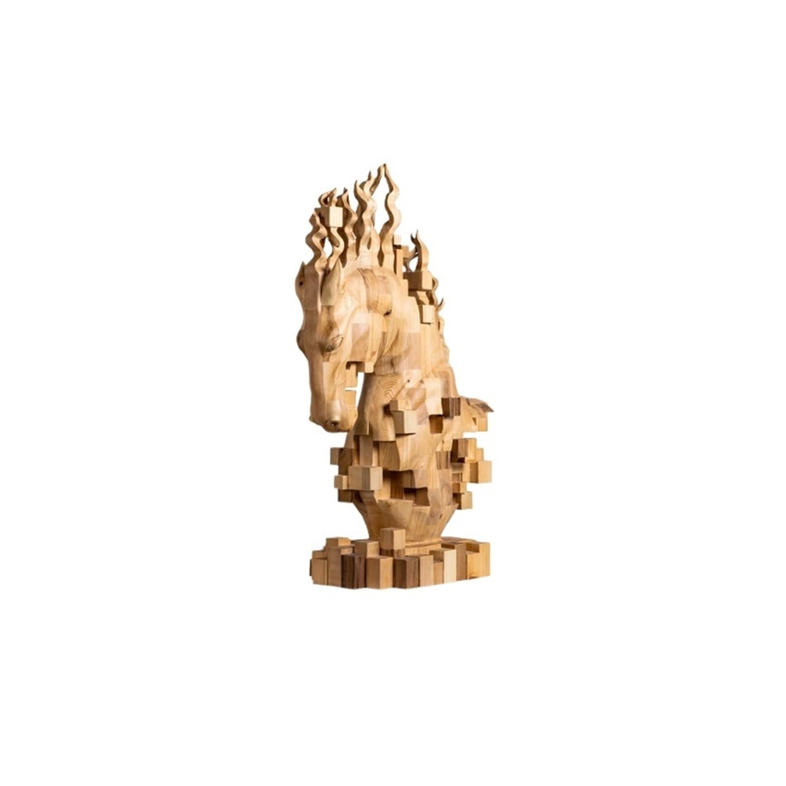 zhuyanbo007 Desk Statue, Abstract Pixelated Horse Head Sculpture Wooden Carving Installation Art Piece