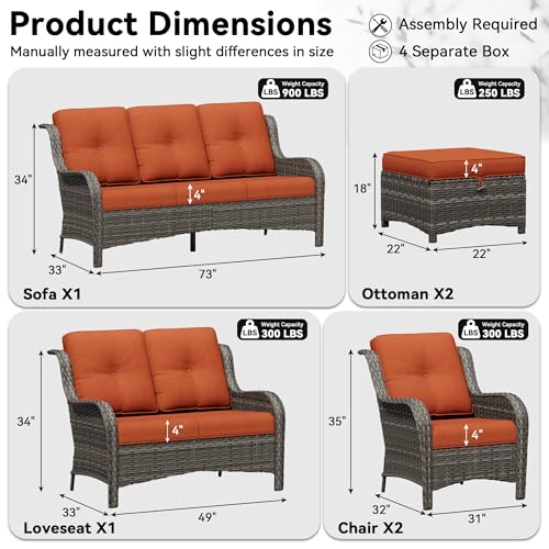Image of 6 Piece Outdoor Wicker Patio Furniture Set, Patio Chairs Set with Thickened Olefin Cushions, High Back and Deep Seating, Hand-Woven PE Rattan, Ottoman for Porch, Deck