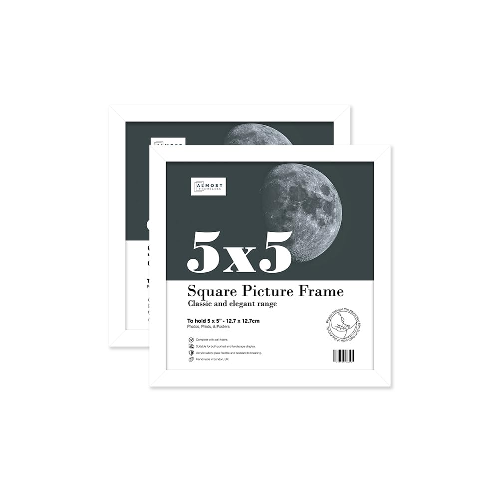 Almost Frameless 5x5 White Picture Frame Set of 2, Display 5x5 Picture Gallery Wall, Poster, Photo, Artwork, or Print, White, Square