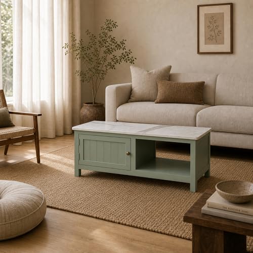 Image of Solid Wood Center Table| Premium Sintered Stone Coffee Table for Living Room | Wooden Centre Table | Finish- Premium Acrylic Sage Green