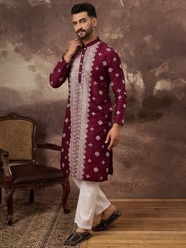Image of Men's Solid Calf Length Silk Blend Embroidered Kurtas | Men | Kurtas for Mens | Straight Fit Kurta for Men's