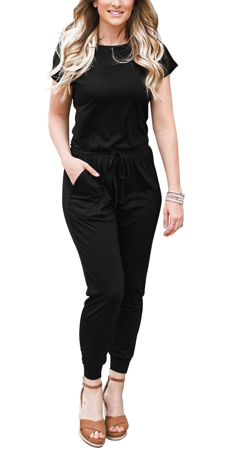 DEARCASE Damen Elegant Schulterfrei Lose Jumpsuit Kurzarm/Langarm Playsuit Dehnbar Overall Hosenanzug Elastische Taille Romper mit Taschen