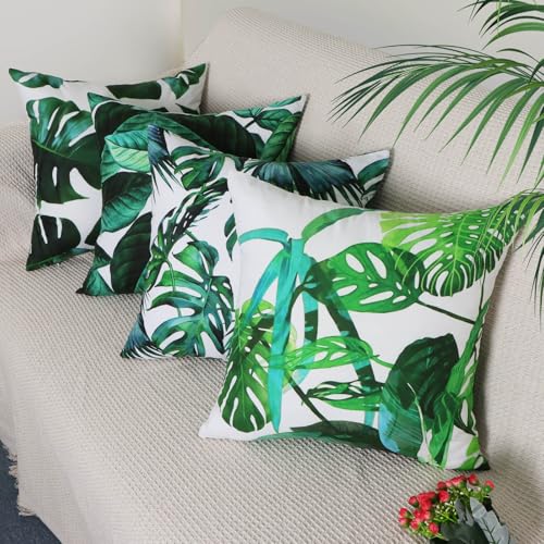 Betadistor Lot de 4 housses de coussin vertes de 45 x 45 cm, motif tropical pacifique romantique, pour canapé, jardin, terrasse, décoration d'intérieur,...