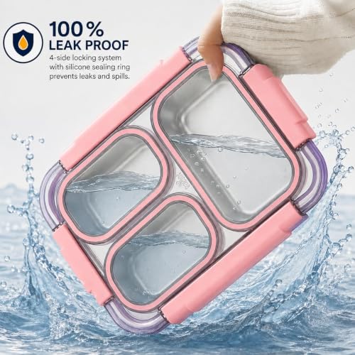 Image of Sanghariyat Bento Pro Lunch Box 710ml, 3 Compartment Stainless Steel Lunch Box with 100% Leak-Proof, BPA-Free Food-Grade Lunch Container with Spoon & Pair of Chopsticks for School Girls Kids - Purple