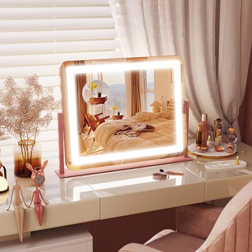 Image of FENNIO Vanity Mirror with Lights 22''x17'' Makeup Mirror,Vanity Mirror Touch Screen with 3-Color Lighting,Dimmable,for Vanity Desk Tabletop(Pink)