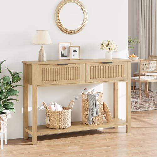 GAOMON Farmhouse Entryway Table,43 Inch Wood Console Table with 2 Drawers,2 Tier Sofa Table with Storage for Living Room, Foyer Tables for Entryway-Burlywood