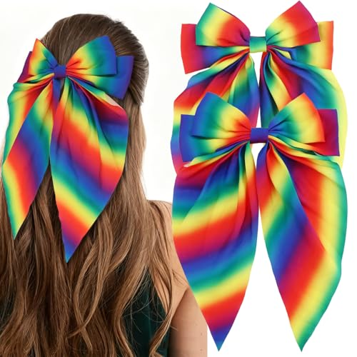 ANBALA 2Pcs Large Rainbow Hair Clips, Rainbow Satin Hair Bows for Women Girls, Pride Accessories for Women Girls