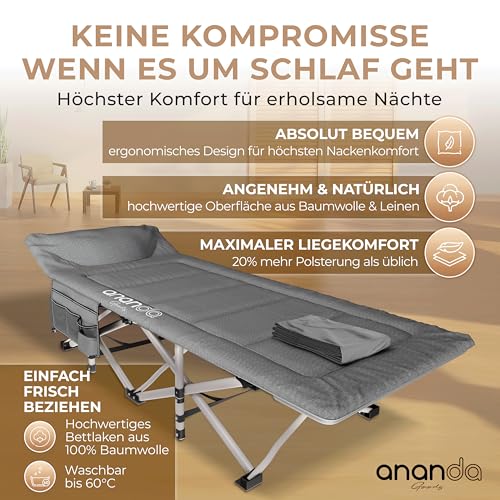 Ananda Goods® Feldbett klappbar mit Matratze – Campingbett & Gästebett faltbar, Reisebett Erwachsene, Klappbett/Campingliege 190x70cm – bis 200KG, mit gemütlicher Matratze & Bettlaken