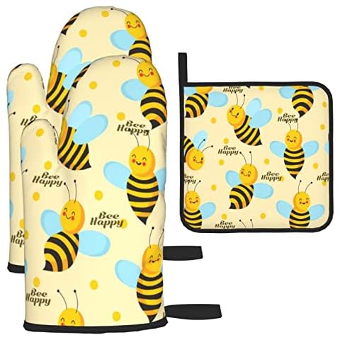 Happy Cute Bee Oven Mitts and Pot Holders Sets Kitchen Heat Resistant Yellow Decor Oven Glove 3 Pcs Kitchen Sets for Cooking,Baking,Grilling,BBQ,Cooks Gifts Cover