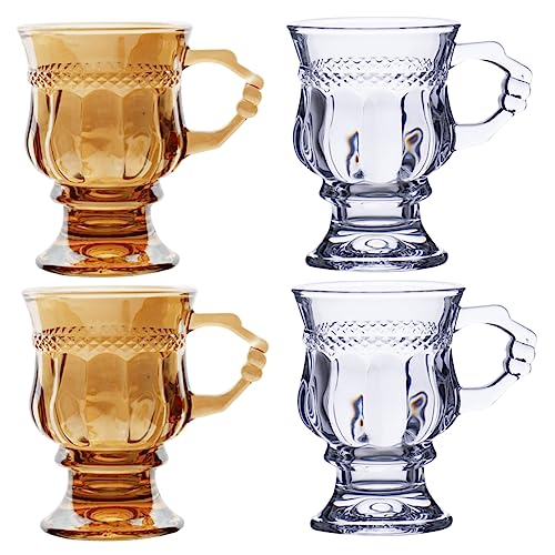Cabilock 4pcs Elegant Handle Glass Goblets for Wine Vintage Embossed Design Food Grade Safety Glass for Home Bar Afternoon Tea present Giving