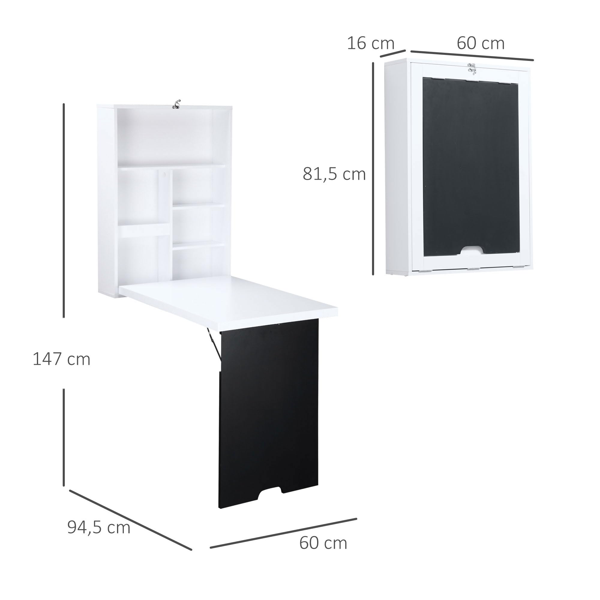 HOMCOM Schreibtisch Wandtisch Wandklapptisch mit Tafel, 5 Fächern, Klappschreibtisch Klappbarer Computertisch für Büro Weiß+Schwarz 60 x 94,5 x 147 cm