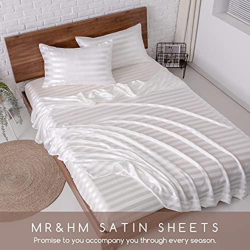 Image of MR&HM Satin Bed Sheets, Queen Size Sheets Set, 4 Pcs Silky Bedding Set with 15 Inches Deep Pocket for Mattress (Queen, Ivory Striped)
