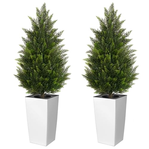 4FT Tall 2 Pack Artificial Cedar Topiary Trees with Compact Pyramidal Shape, Realistic Faux Cypress...