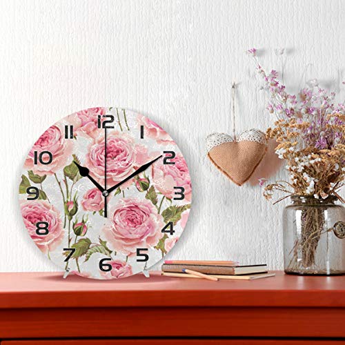 One Bear Valentine's Day Romantic Pink Roses Flower Wall Clock, Silent Non Ticking Battery Operated Round Clock For Kitchen Office School Home Decorative #TOP1