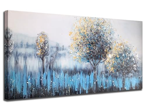 Image of Arjun Tree Wall Art Canvas Teal Landscape Painting Blue Forest Textured Picture Modern Panoramic Abstract Nature Artwork Large Size Framed for Living Room Bedroom Bathroom Home Office Wall Decor