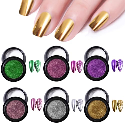 6PCS Nail Powder Glitter Solid Metallic Shining Metallic Mirror Effect Pigment Powder for Gel Nails Polish Nail Art Manicure Decoration Home DIY Salon Nail Decorations Accessories
