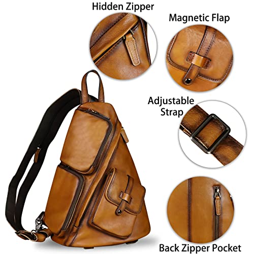 Ivtg Genuine Leather Sling Bag Crossbody Casual Hiking Daypack Vintage Handmade Chest Bag Shoulder Backpack Motorcycle Pack Rucksack (Brown) #TOP5