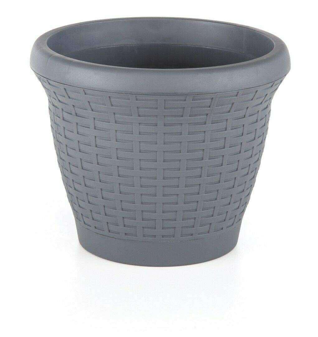 Tamersgifts Rattan Style Plastic Round Plant Pot 25cm Anthracite – Self Watering Indoor & Outdoor Garden Planter with Removable Saucer Base – 6L