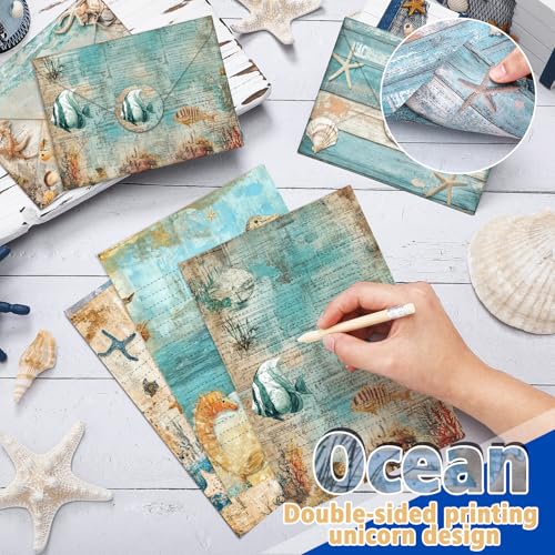 Image of TaoBary 160 Pcs Ocean Stationery Paper and Envelopes Set 50 Double Sided Lined Stationery Paper with 50 Matching Envelopes and 60 Round Dot Sticker 5.5 x 8.25'' Letter Writing Kit, 10design