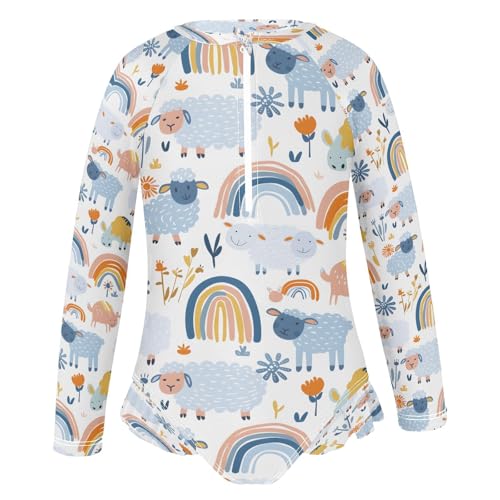 Rainbow Cute Sheep Girls Long Sleeve Swimsuits One Piece Zipper Bathing Suit UPF 50+ Rashguard Swimwear2