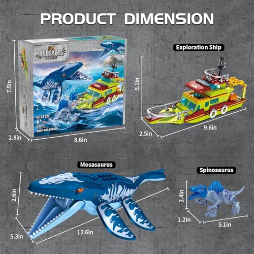 Image of 3 in 1 Sea Dinosaur Building Blocks Kit Set, Compatible with Lego Dinosaur World Park Spinosaurus Mosasaurus Discovery Crossing Ocean World Building Set, Boat STEM Toys Gift Kids Adults Boys Age 8-12